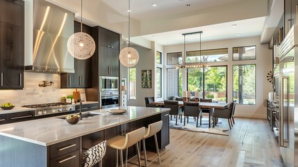 Vibrant luxury kitchen with elegant dining space