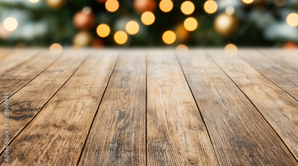 Poster empty wooden tabletop showing christmas tree bokeh lights background