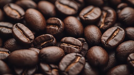 Fototapeta premium Close-up of dark roasted coffee beans on a textured surface.
