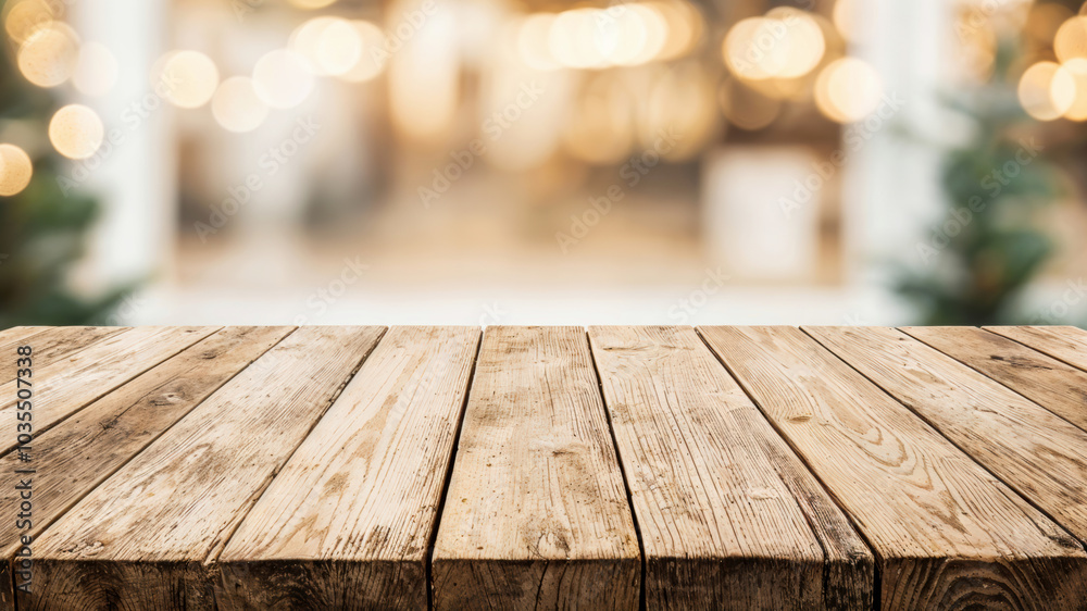 Poster empty wooden table top showing christmas lights background for a holiday montage or product display