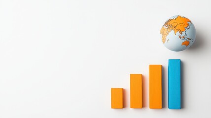 Colored bars representing growth above a globe on a white background.