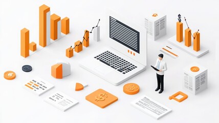 Obraz premium Business analytics with laptop, graphs, and charts on white isolate background.