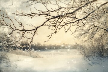 A frosty winter scene with snow-covered branches and a field of white snow.