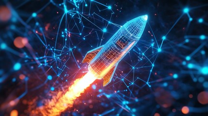 Futuristic Rocket Launch with Digital Network Connections
