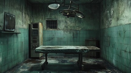 Desolate hospital interior showcasing decaying operating equipment, grimy morgue table, rusted walls, and eerie atmosphere of a forgotten ghost town
