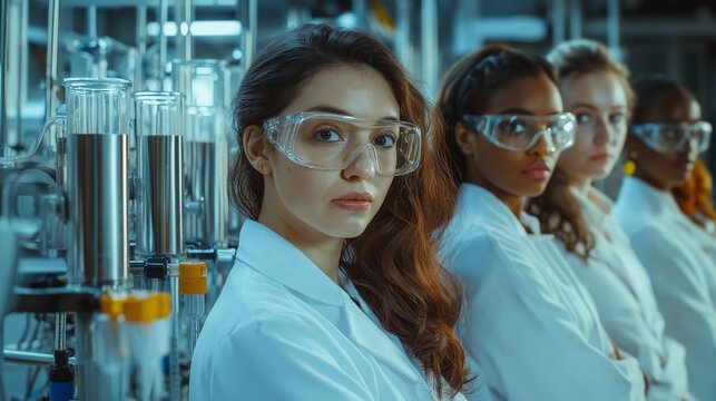 A diverse group of female STEM professionals engages in an animated discussion in a laboratory, sharing ideas and examining data on mobile devices, fostering innovation and teamwork. Generative AI