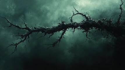 Close-up of a dark, thorny branch against a dramatic background 