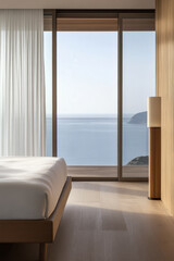 Fototapeta premium Modern bedroom with panoramic ocean view during daylight in a serene coastal location