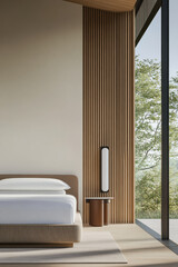 Fototapeta premium Modern bedroom design featuring large window and natural wood accents in a serene setting