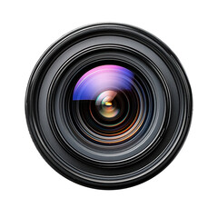Camera lens with colorful reflections on a black background.