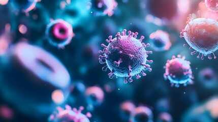 Obraz premium Microscopic View of a Pink and Blue Virus with Spikes