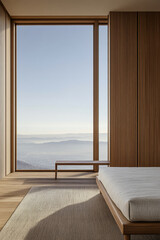 Modern bedroom with large window overlooking a serene mountain landscape in the morning light