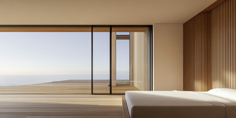 Minimalist bedroom interior with panoramic windows overlooking serene landscape at dawn