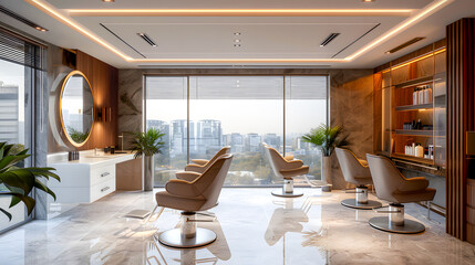 Fototapeta premium Luxurious salon with panoramic views offers spacious hair services