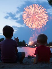 Children Watching Fireworks by Lake: Summer Celebration