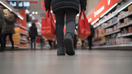 Obraz premium Grocery Shopping: Person with Bags in Supermarket