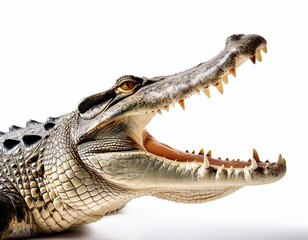 Large Crocodile (Crocodylidae) head open mouth isolated on white background. 