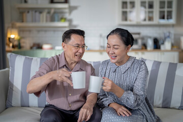 Fototapeta premium An elderly couple enjoys a peaceful moment at home, sharing smiles and drinks. The warm and cozy atmosphere emphasizes their deep connection, happiness, and the comfort of spending time together.