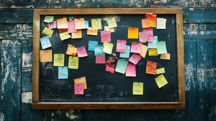 A vibrant a-board displaying a variety of colorful sticky notes, showcasing creative ideas and brainstorming sessions in an engaging workspace environment.