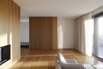 Obraz premium Modern minimalist design with wooden accents and large windows in a bright space