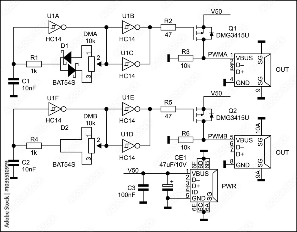 Wall mural Schematic diagram of electronic device on white sheet of paper. Vector drawing electrical circuit with logic elements of 
integrated circuit,
diode, usb connector, capacitor, resistor, transistor