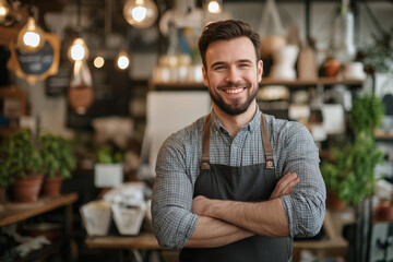 Obraz premium Smiling Man in Apron, Small Business Owner, Customer Service