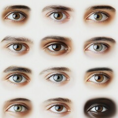 Naklejka premium This artwork features a minimalistic arrangement of different human eyes, focusing on their unique colors, shapes, and expressions, celebrating diversity and individuality. Generative AI