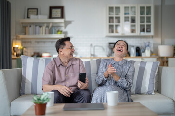 An elderly couple sits together in their cozy living room, smiling and enjoying a moment as they look at something on a smartphone. Their warmth and affection capture a peaceful home atmosphere.