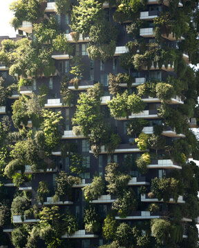 View of Bosco Verticale with lush greenery and modern architecture, Milan, Italy.