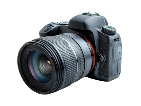 Professional camera with lens, isolated on white background.