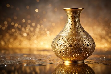 A delicate, filigree-patterned golden vase filled with a slow-moving, shimmering liquid that is trickling down its sides, flowing, metallic, baroque pattern