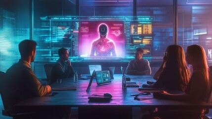 A team engages in a virtual meeting, utilizing holographic technology to display interactive information, fostering collaboration among remote participants. Generative AI
