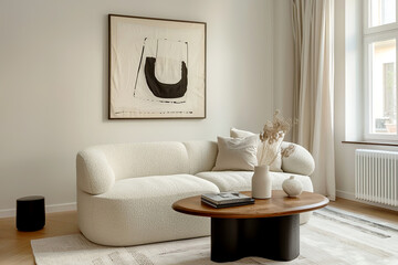 Minimalist, japandi style interior design of modern living room. Cute cozy boucle sofa near ellipse coffee table.