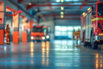 Fire station garage with fire trucks parked inside