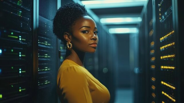 African American Female Professional Administrator Running Data Center Backup Operation in High-Tech Server Room