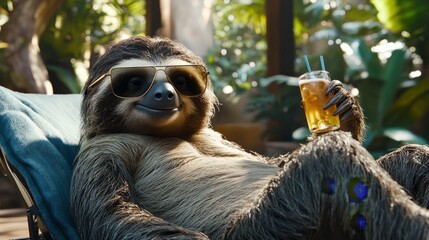 Naklejka premium Sloth Relaxing on Lounger Under the Sun
