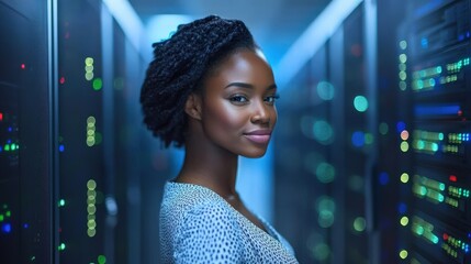 African American Woman Professional Administrator Running Data Center Backups in High-Tech Server Room