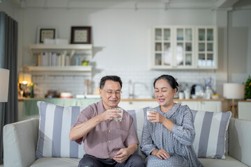An elderly couple enjoys a peaceful moment at home, sharing smiles and drinks. The warm and cozy atmosphere emphasizes their deep connection, happiness, and the comfort of spending time together.