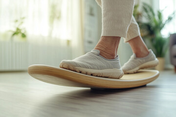 A patient practices rehabilitation exercises on a balance board, focusing on improving stability and coordination during therapy