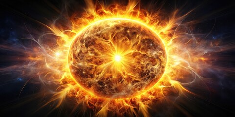 Obraz premium A blazing celestial sphere erupts with fiery energy, casting streaks of light across the cosmos.