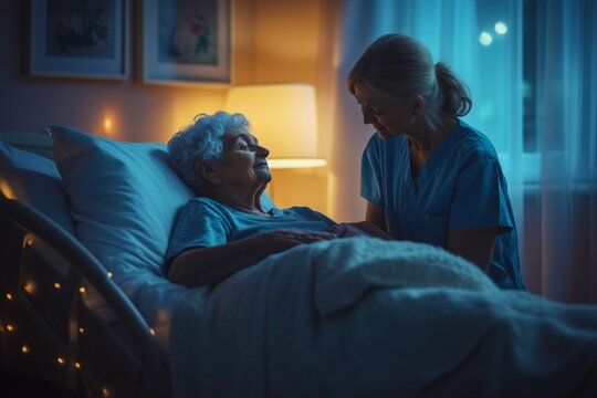A peaceful evening scene where an elderly person enjoys a quiet moment in a care facility, highlighting relaxation and calm in a supportive environment