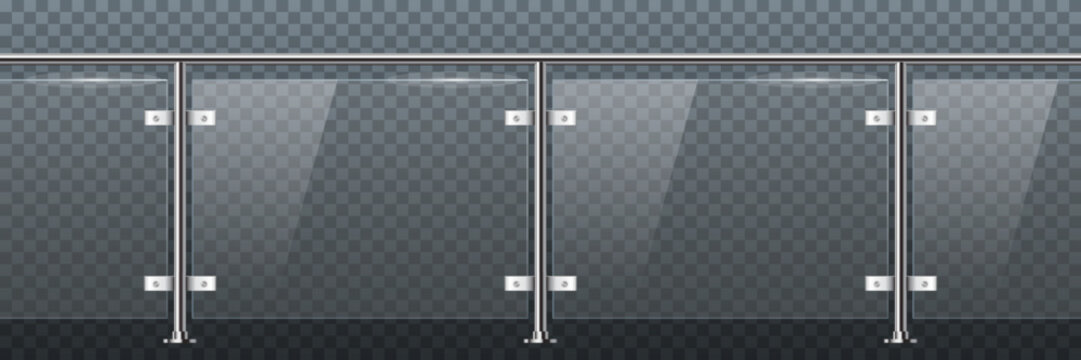 Glass balcony rail isolated on transparent background. Plexiglass fence with banisters on metal poles. Vector realistic 3D illustration of plastic barrier, stairs balustrade for interior design.