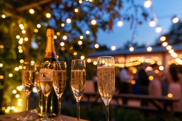 Elegant outdoor networking event with string lights illuminating