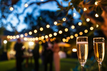 Elegant outdoor networking event with string lights illuminating