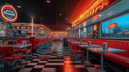 The lively diner features bright neon signs, glossy red booths, and classic checkered flooring, creating an inviting atmosphere for diners enjoying a delicious meal. Generative AI