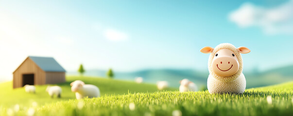 Miniature farm animals grazing in a rural meadow, small barn nearby, 3D illustration