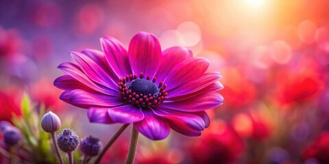 Obraz premium A single, vibrant purple flower with delicate pink hues stands out in a field of blurred blossoms under the warm glow of a sun-kissed sky.