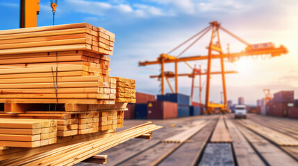 Stack of planks being unloaded in a shipyard