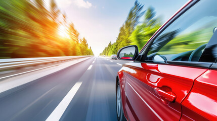 Red car speeding on a highway with motion blur