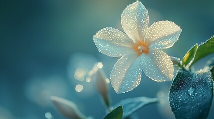 Beautiful Jasmine Flower in Bloom with Dew on Misty Morning